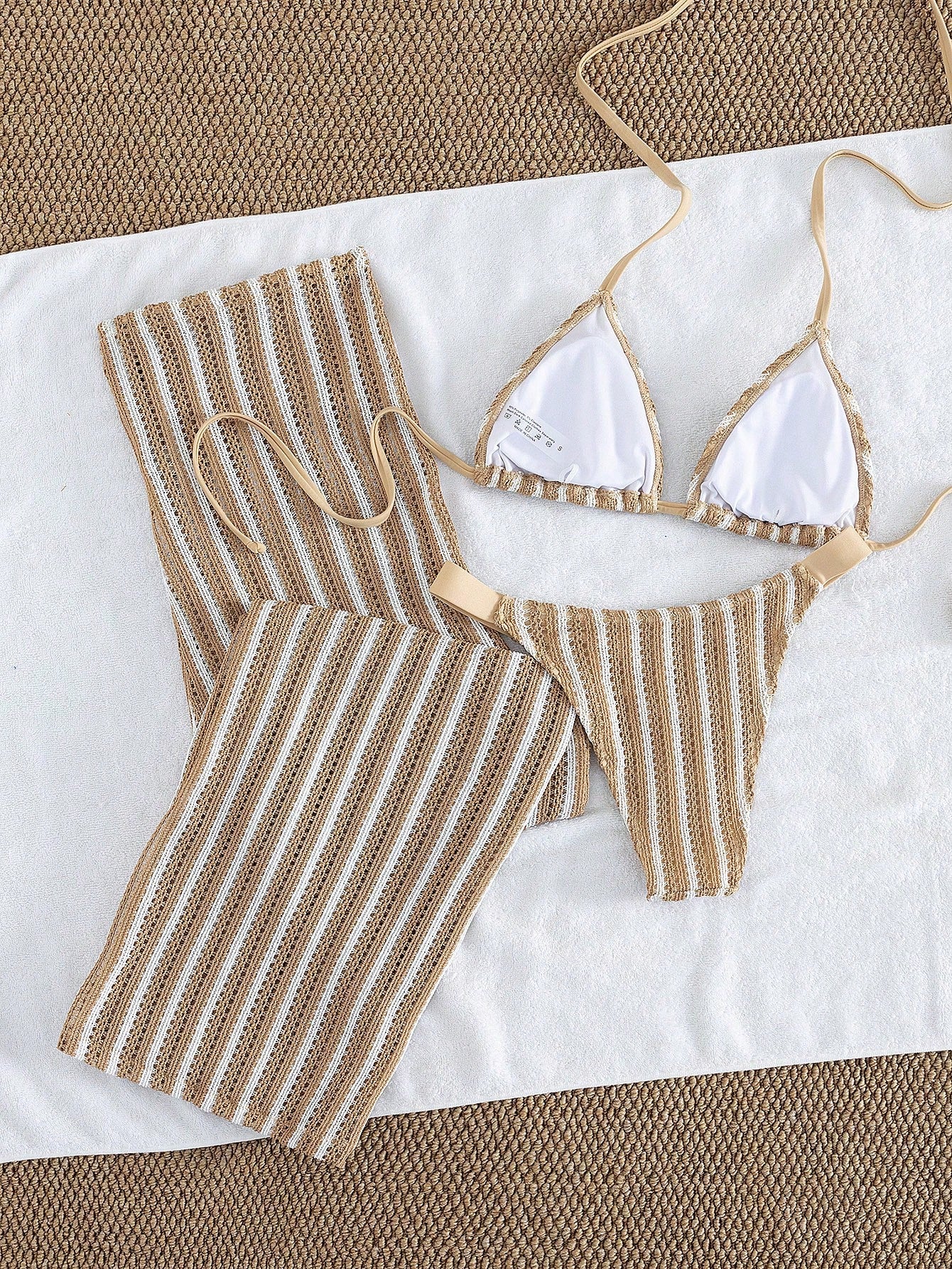 Elegant Women's Striped Knit Bikini Swimwear Set Featuring Halter Neck Top And Matching Wide-Leg Pants, Perfect For Beach Holidays Vacation Summer