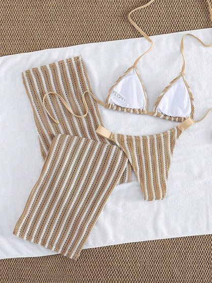 Elegant Women's Striped Knit Bikini Swimwear Set Featuring Halter Neck Top And Matching Wide-Leg Pants, Perfect For Beach Holidays Vacation Summer