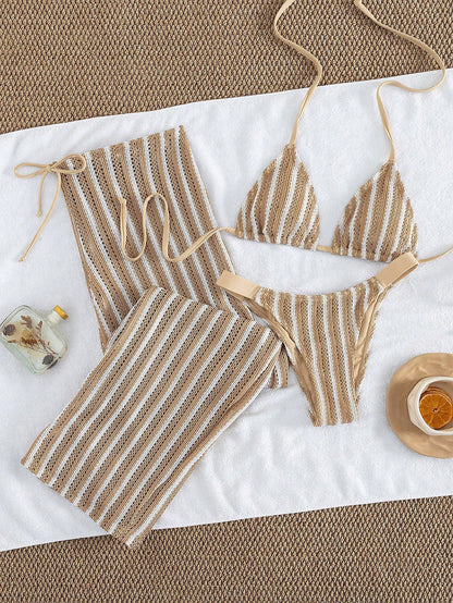 Elegant Women's Striped Knit Bikini Swimwear Set Featuring Halter Neck Top And Matching Wide-Leg Pants, Perfect For Beach Holidays Vacation Summer