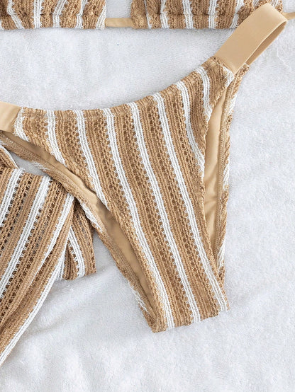 Elegant Women's Striped Knit Bikini Swimwear Set Featuring Halter Neck Top And Matching Wide-Leg Pants, Perfect For Beach Holidays Vacation Summer