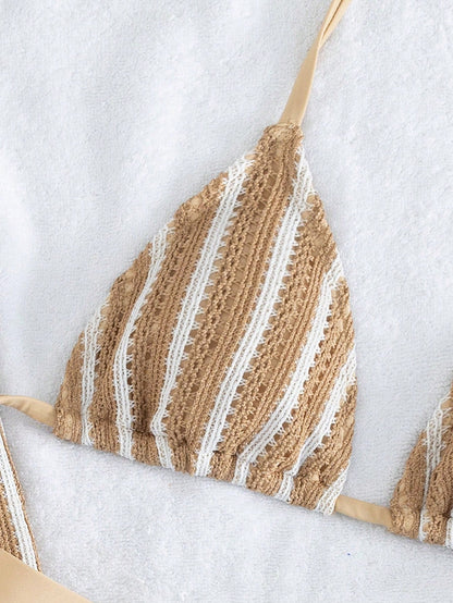 Elegant Women's Striped Knit Bikini Swimwear Set Featuring Halter Neck Top And Matching Wide-Leg Pants, Perfect For Beach Holidays Vacation Summer