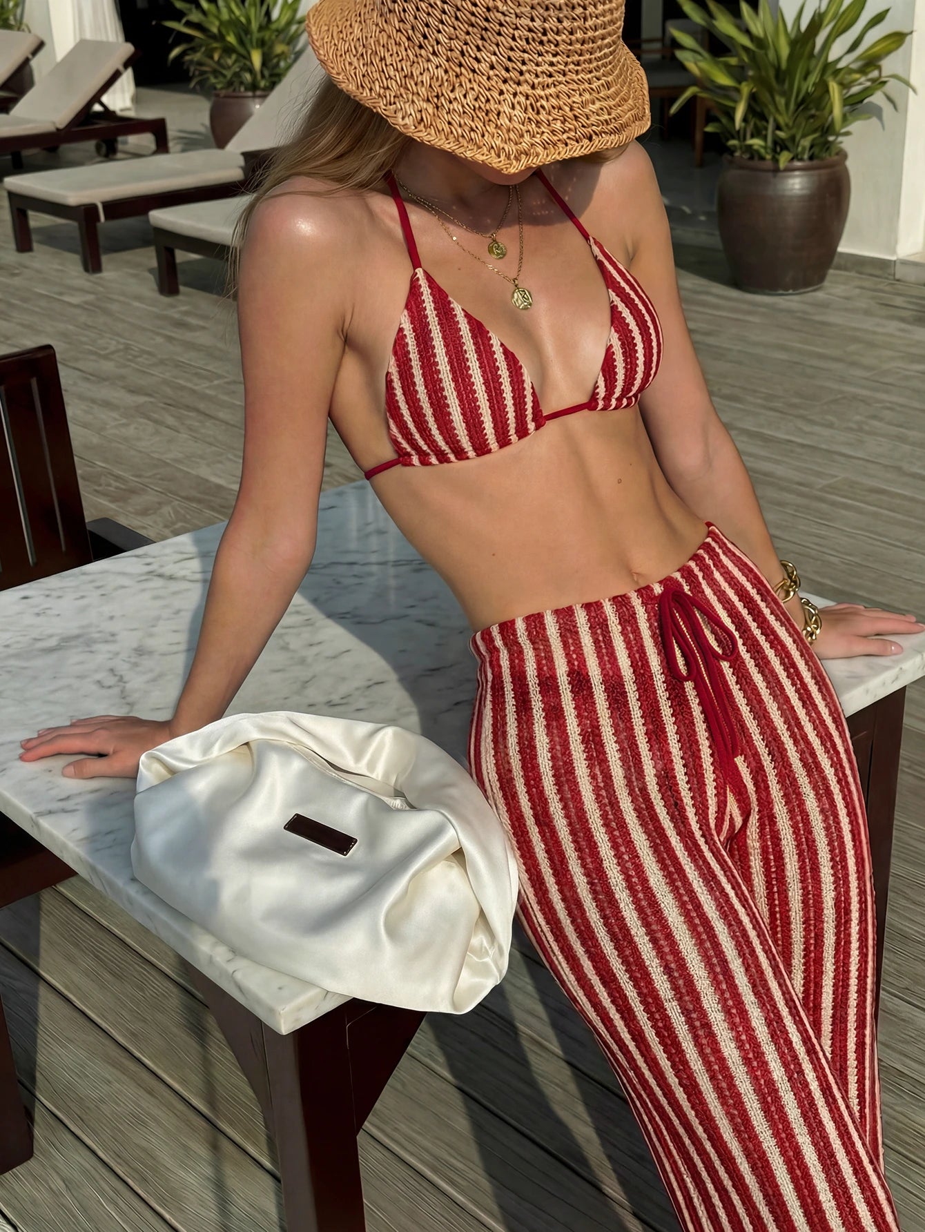 Elegant Women's Striped Knit Bikini Swimwear Set Featuring Halter Neck Top And Matching Wide-Leg Pants, Perfect For Beach Holidays Vacation Summer