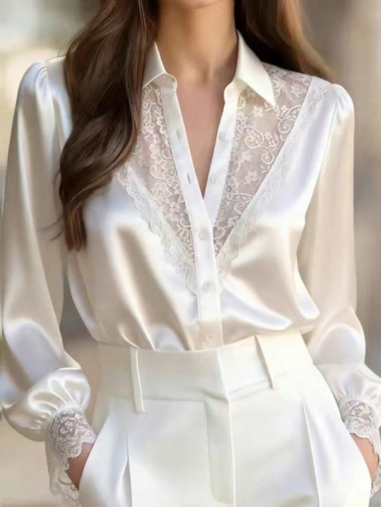 Elegant Women's White Satin Blouse, Bishop Sleeves, Decorated With Delicate Contrast Lace, Button Front Shirt Top