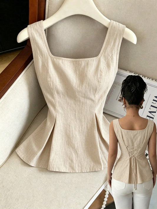 Elenzga 2025 Summer Niche Square Neck Striped Tie-Waist Sleeveless Shirt
