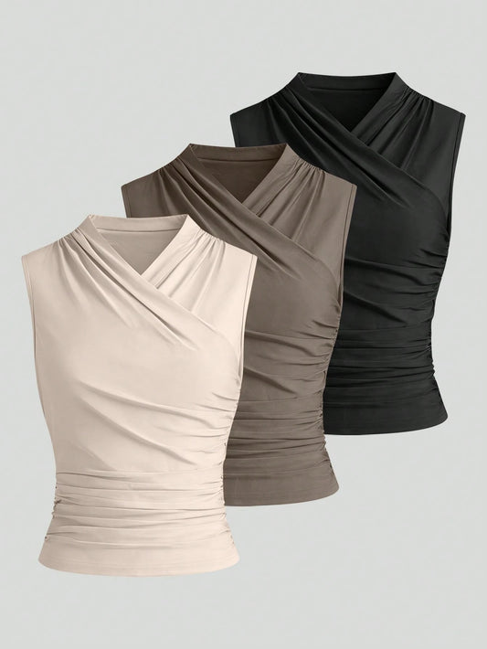Elenzga 3-Pack Women's V-Neck Solid Color Sleeveless Casual Elegant Tank Tops Office Beige Summer