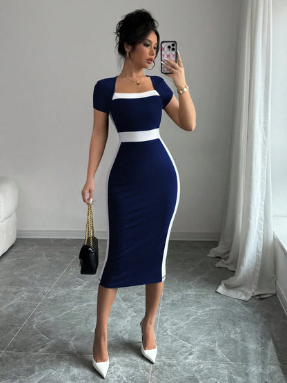 Elenzga Contrast Color Fitted Square Neck Women's Short Sleeve Elegant Dress
