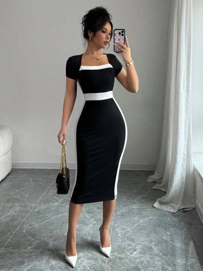 Elenzga Contrast Color Fitted Square Neck Women's Short Sleeve Elegant Dress