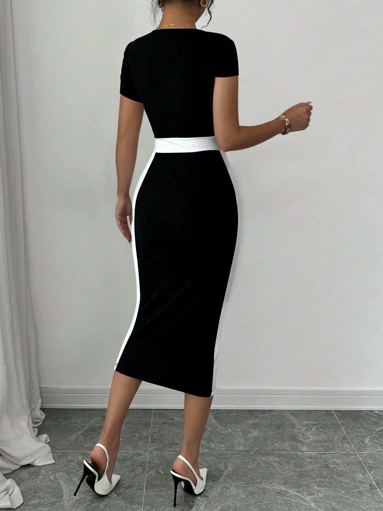 Elenzga Contrast Color Fitted Square Neck Women's Short Sleeve Elegant Dress