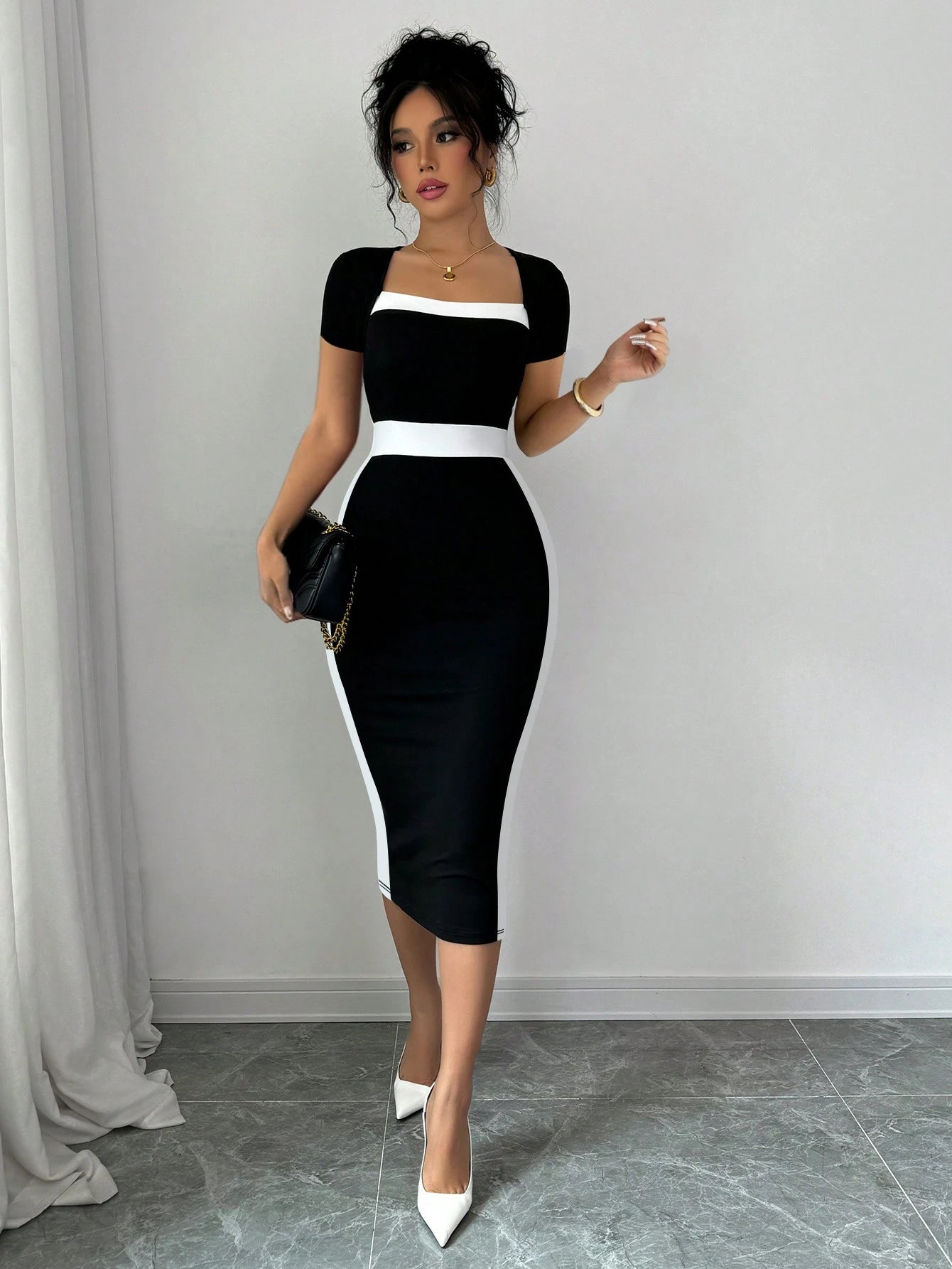 Elenzga Contrast Color Fitted Square Neck Women's Short Sleeve Elegant Dress
