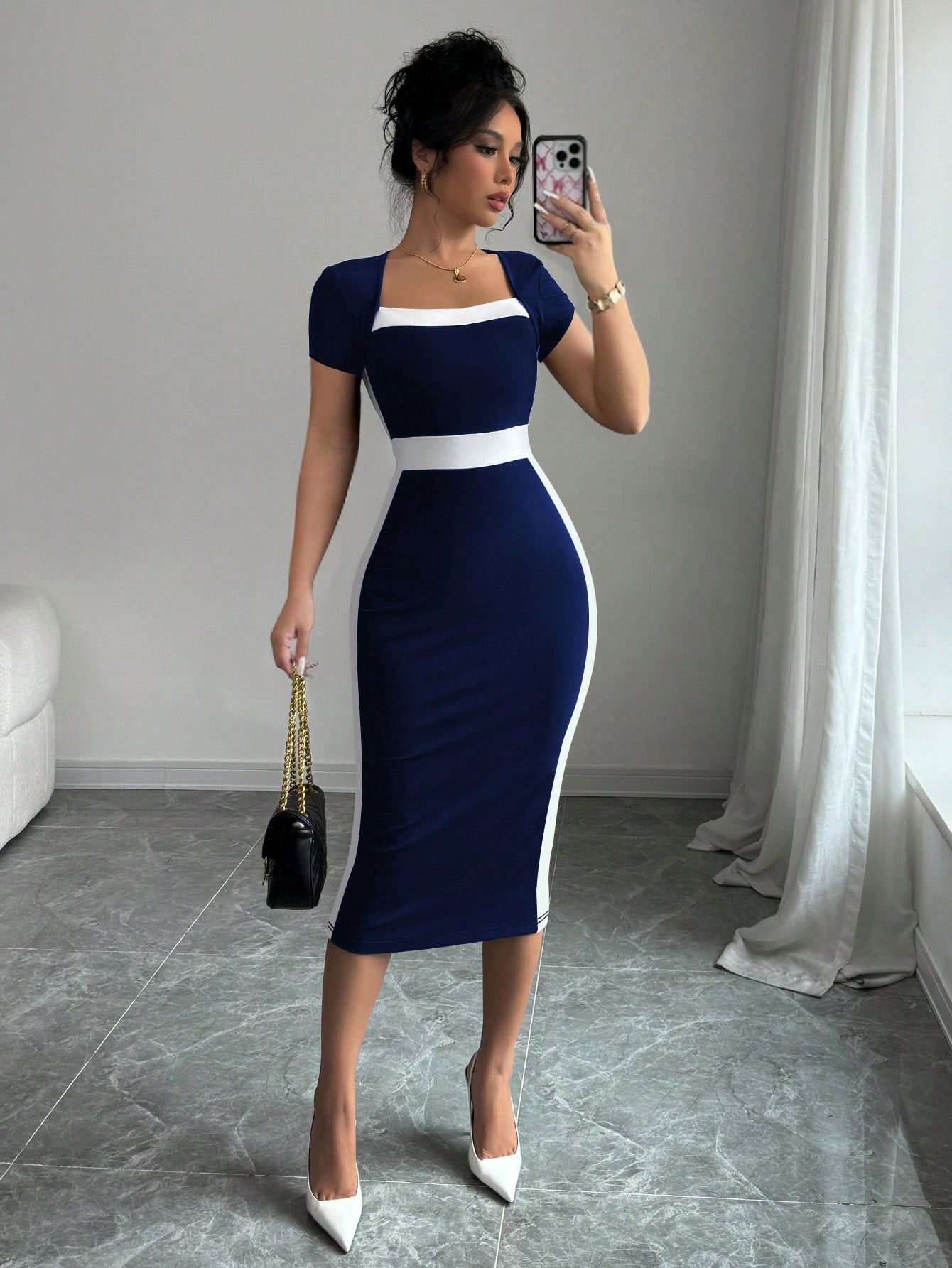 Elenzga Contrast Color Fitted Square Neck Women's Short Sleeve Elegant Dress