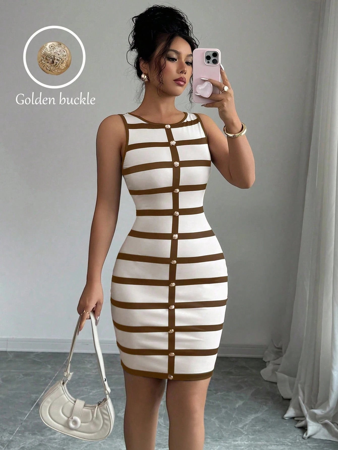 Elenzga Fitted Striped Casual Button Front Sleeveless Mini Dress For Women