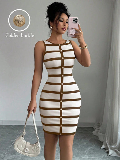 Elenzga Fitted Striped Casual Button Front Sleeveless Mini Dress For Women