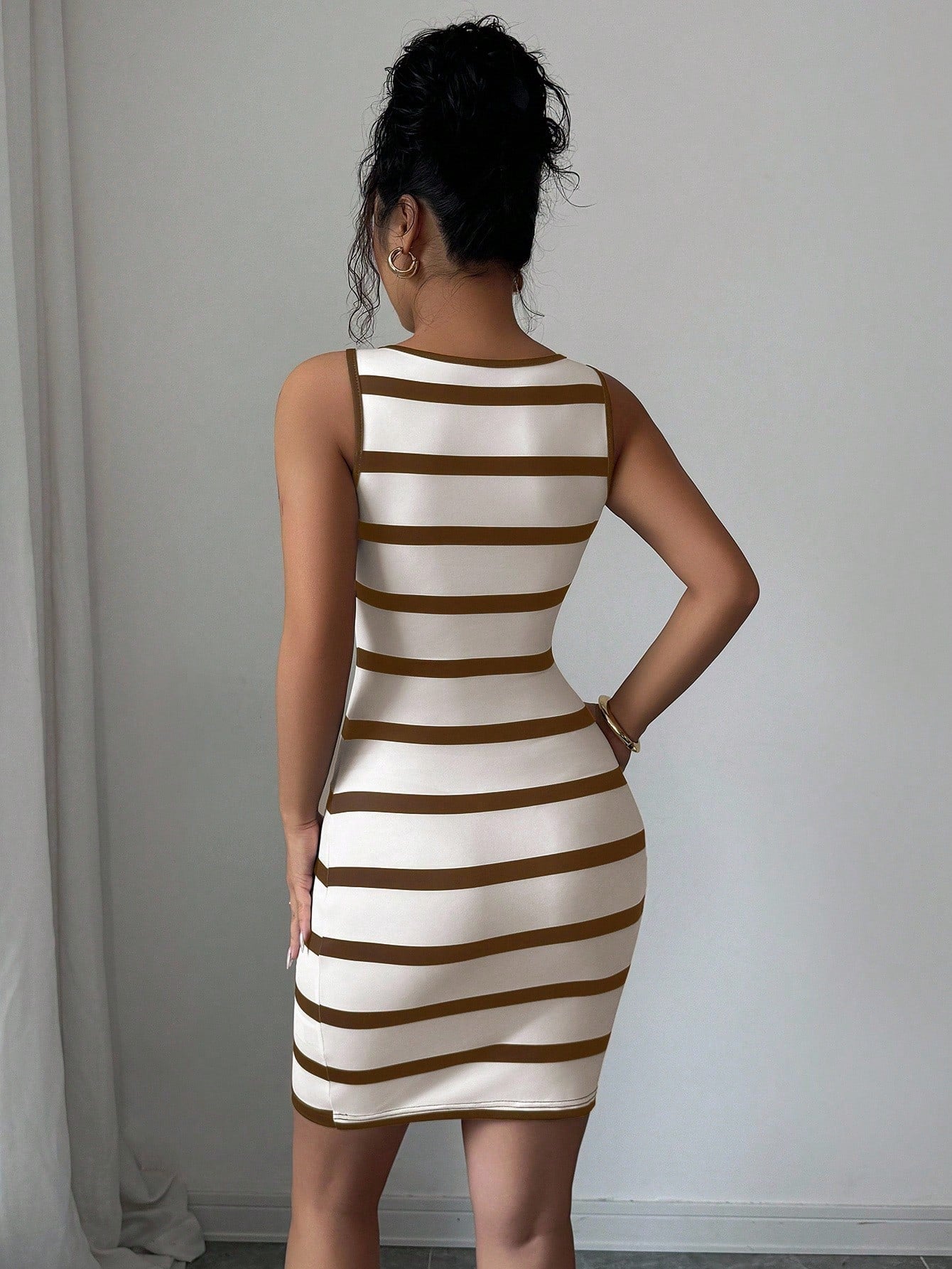 Elenzga Fitted Striped Casual Button Front Sleeveless Mini Dress For Women