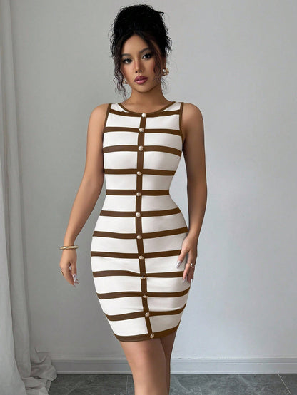 Elenzga Fitted Striped Casual Button Front Sleeveless Mini Dress For Women
