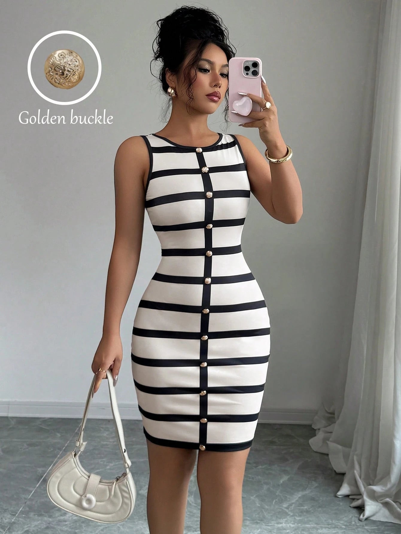 Elenzga Fitted Striped Casual Button Front Sleeveless Mini Dress For Women