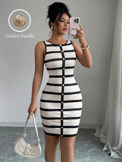 Elenzga Fitted Striped Casual Button Front Sleeveless Mini Dress For Women