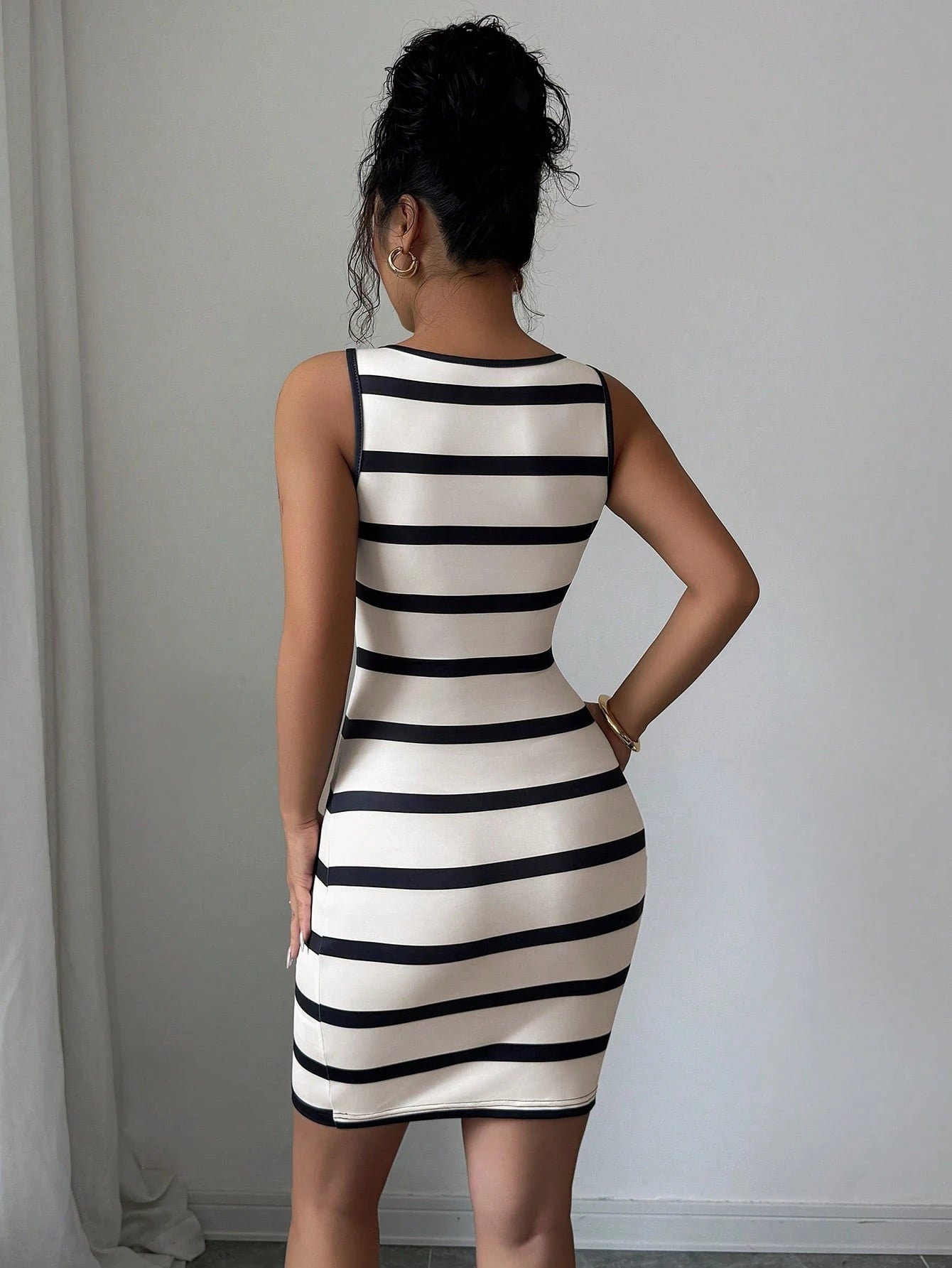 Elenzga Fitted Striped Casual Button Front Sleeveless Mini Dress For Women