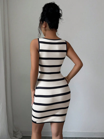 Elenzga Fitted Striped Casual Button Front Sleeveless Mini Dress For Women