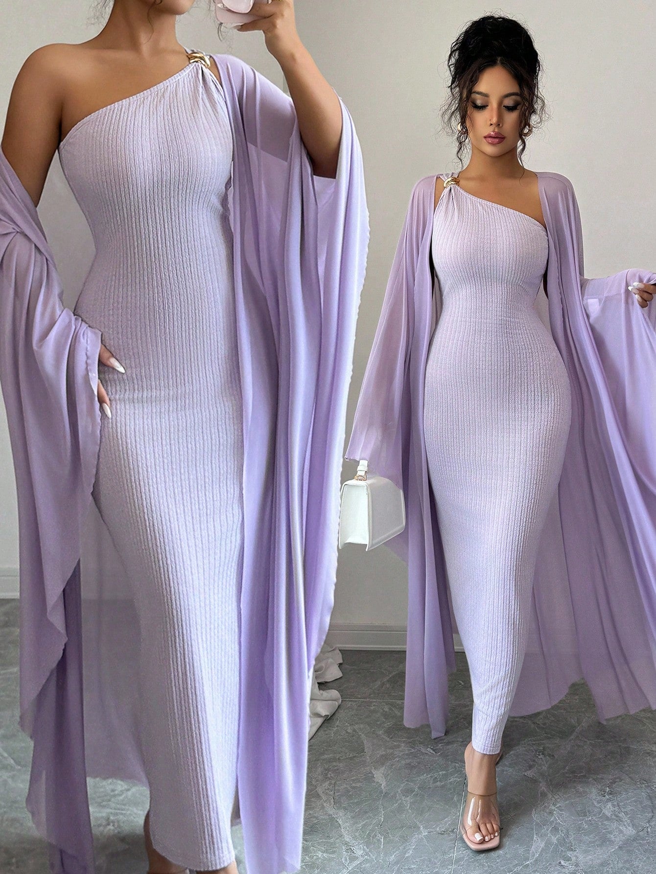 Elenzga French High-End Jacquard Knitted Metallic Buckle Dress & Cape Set,Goddess Style Luxury Lavender Summer Elegant Party Night Boutique Design Fashion