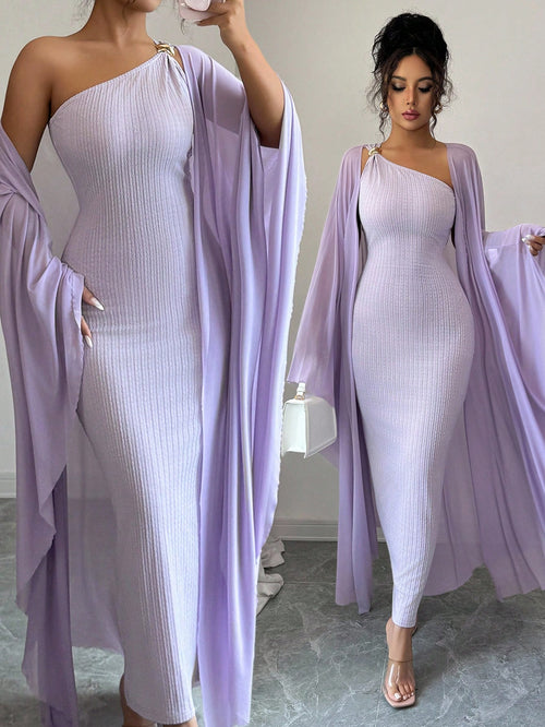 Elenzga French High-End Jacquard Knitted Metallic Buckle Dress & Cape Set,Goddess Style Luxury Lavender Summer Elegant Party Night Boutique Design Fashion