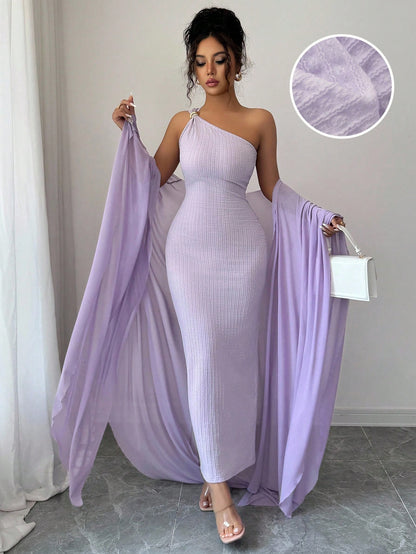 Elenzga French High-End Jacquard Knitted Metallic Buckle Dress & Cape Set,Goddess Style Luxury Lavender Summer Elegant Party Night Boutique Design Fashion