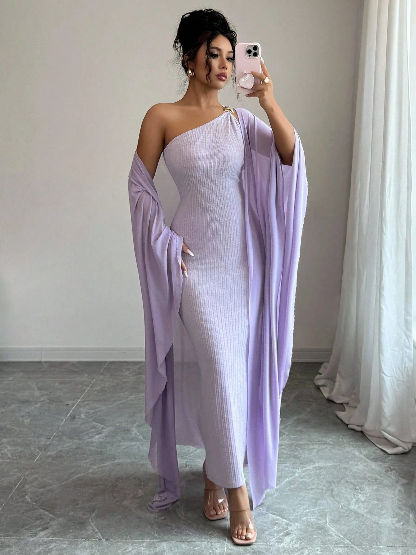 Elenzga French High-End Jacquard Knitted Metallic Buckle Dress & Cape Set,Goddess Style Luxury Lavender Summer Elegant Party Night Boutique Design Fashion