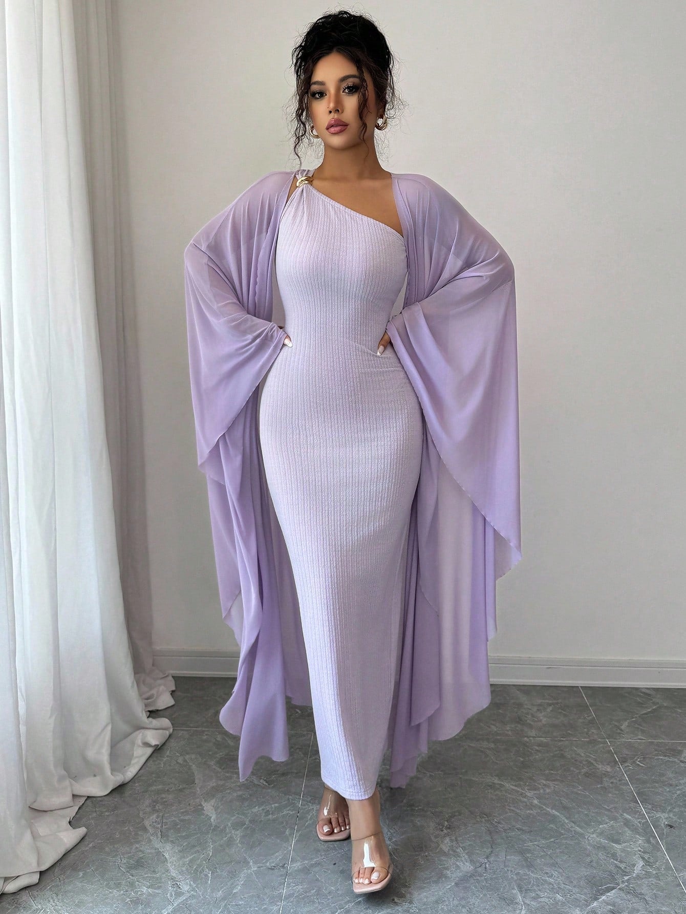 Elenzga French High-End Jacquard Knitted Metallic Buckle Dress & Cape Set,Goddess Style Luxury Lavender Summer Elegant Party Night Boutique Design Fashion