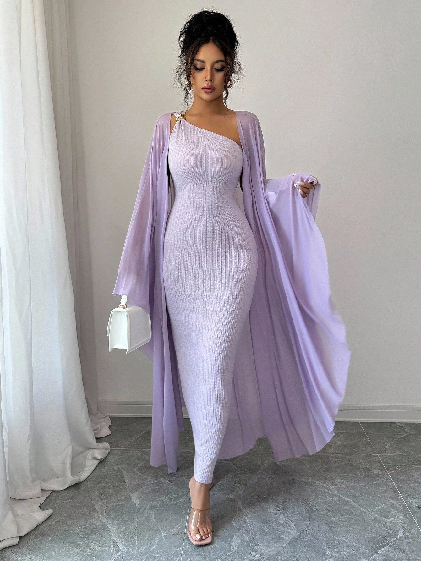 Elenzga French High-End Jacquard Knitted Metallic Buckle Dress & Cape Set,Goddess Style Luxury Lavender Summer Elegant Party Night Boutique Design Fashion