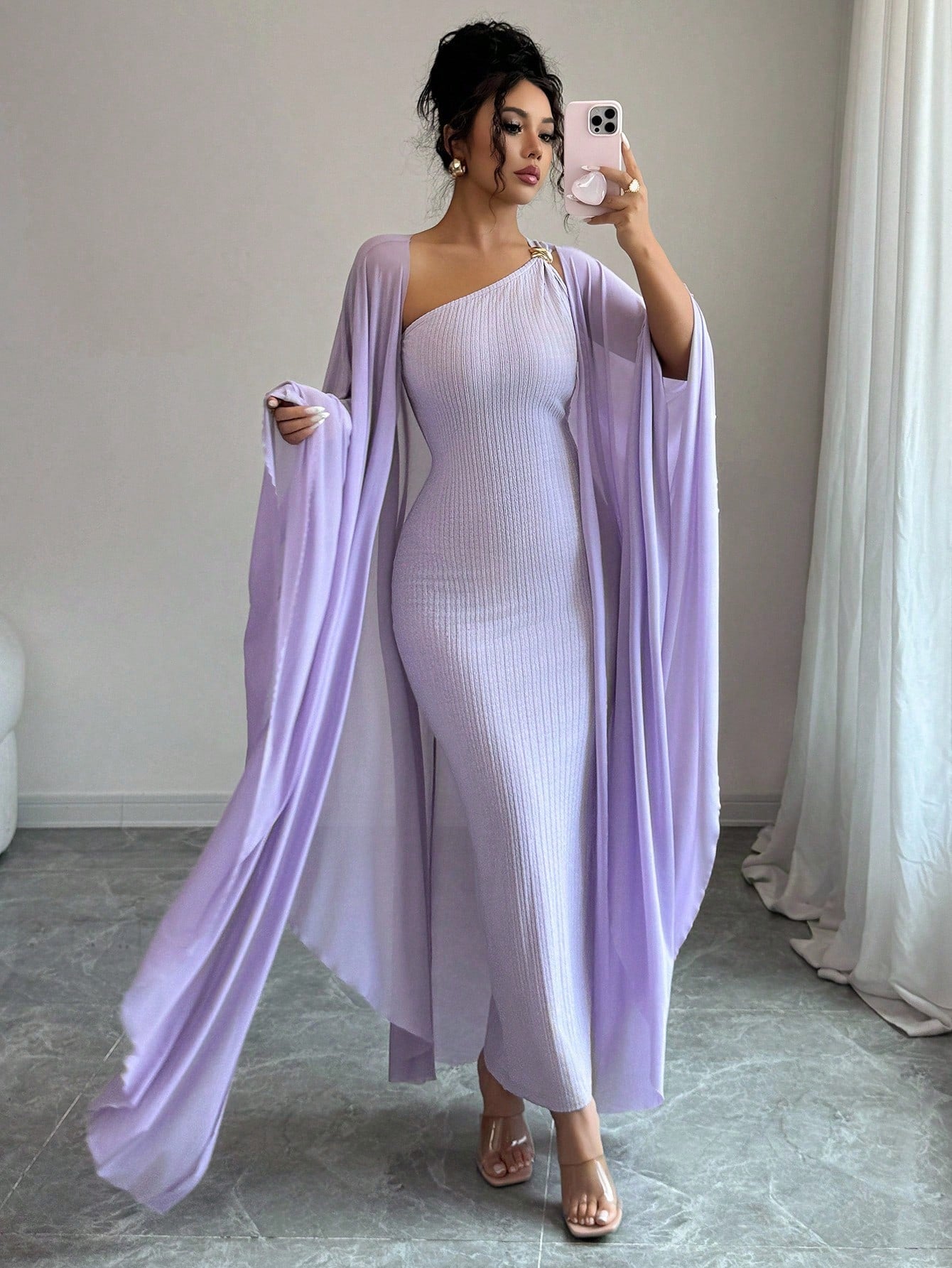 Elenzga French High-End Jacquard Knitted Metallic Buckle Dress & Cape Set,Goddess Style Luxury Lavender Summer Elegant Party Night Boutique Design Fashion