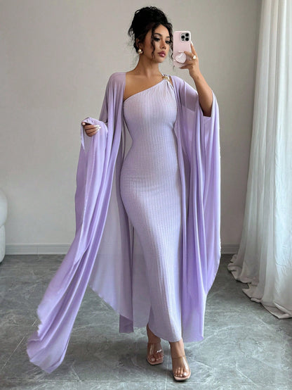 Elenzga French High-End Jacquard Knitted Metallic Buckle Dress & Cape Set,Goddess Style Luxury Lavender Summer Elegant Party Night Boutique Design Fashion