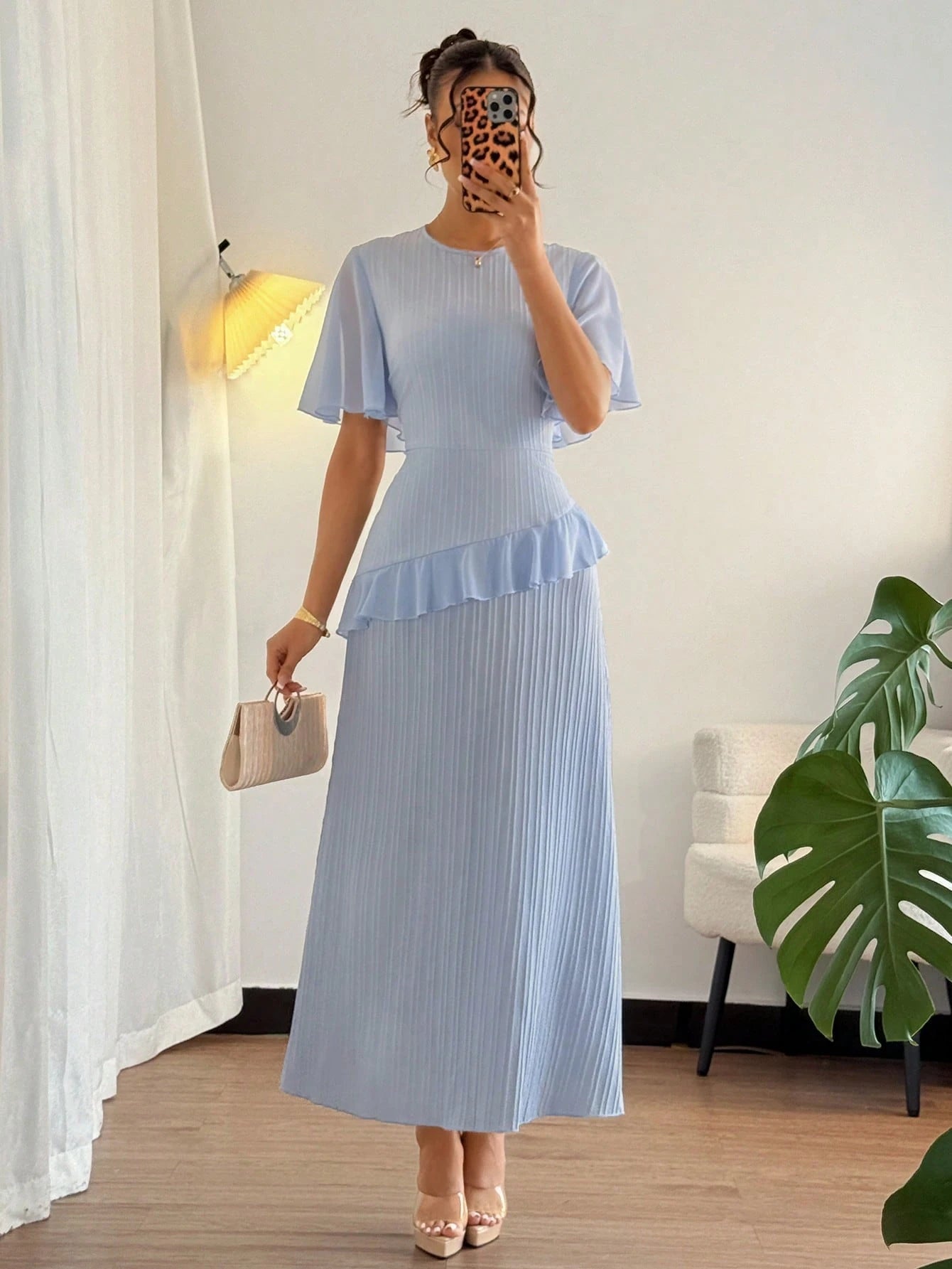 Elenzga New Women's Light Blue Summer Elegant Wedding Guest Textured Woven Fabric Round Neck Chiffon Splice Ruffle Sleeve Waist Cinched Dress