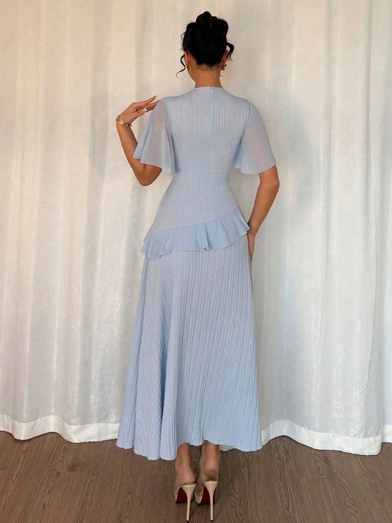 Elenzga New Women's Light Blue Summer Elegant Wedding Guest Textured Woven Fabric Round Neck Chiffon Splice Ruffle Sleeve Waist Cinched Dress