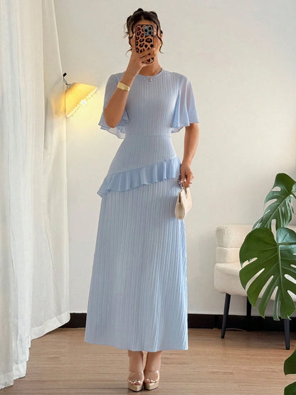 Elenzga New Women's Light Blue Summer Elegant Wedding Guest Textured Woven Fabric Round Neck Chiffon Splice Ruffle Sleeve Waist Cinched Dress