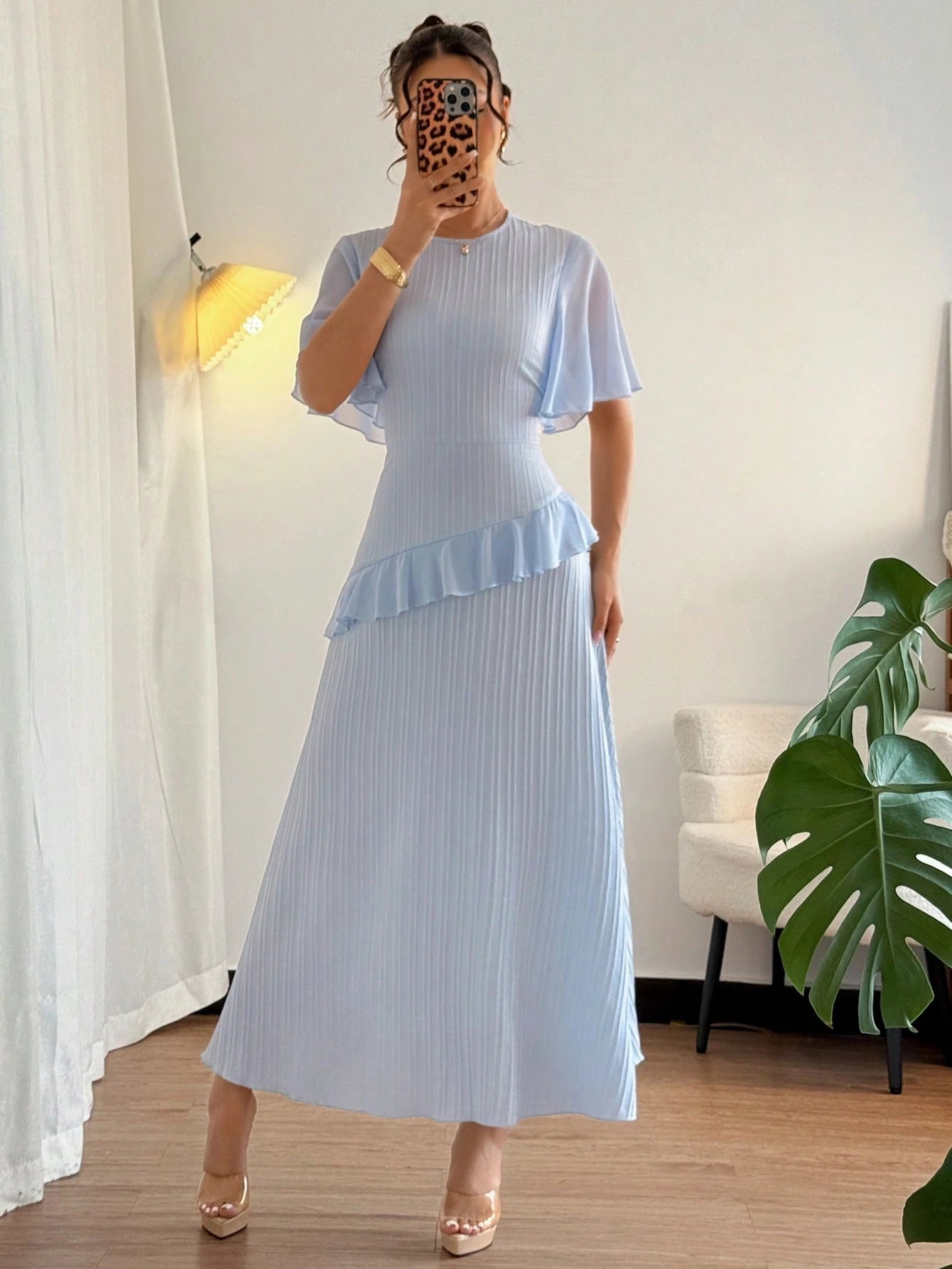Elenzga New Women's Light Blue Summer Elegant Wedding Guest Textured Woven Fabric Round Neck Chiffon Splice Ruffle Sleeve Waist Cinched Dress