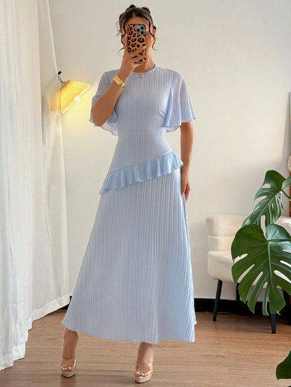 Elenzga New Women's Light Blue Summer Elegant Wedding Guest Textured Woven Fabric Round Neck Chiffon Splice Ruffle Sleeve Waist Cinched Dress