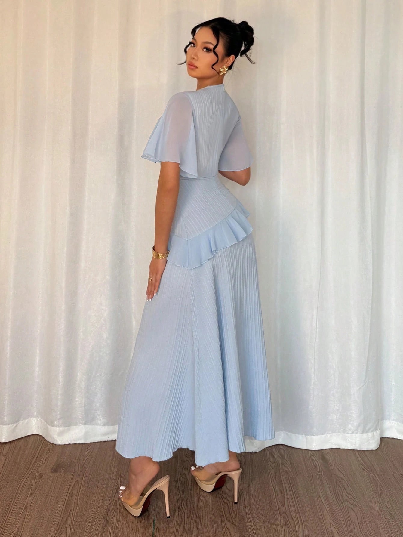 Elenzga New Women's Light Blue Summer Elegant Wedding Guest Textured Woven Fabric Round Neck Chiffon Splice Ruffle Sleeve Waist Cinched Dress