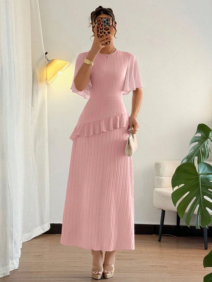 Elenzga New Women's Light Blue Summer Elegant Wedding Guest Textured Woven Fabric Round Neck Chiffon Splice Ruffle Sleeve Waist Cinched Dress