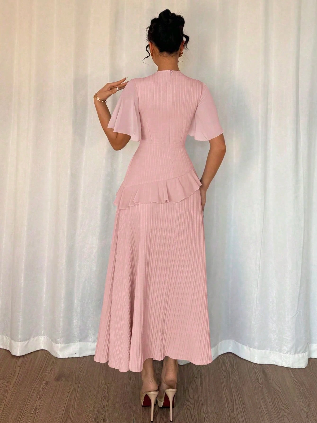 Elenzga New Women's Light Blue Summer Elegant Wedding Guest Textured Woven Fabric Round Neck Chiffon Splice Ruffle Sleeve Waist Cinched Dress