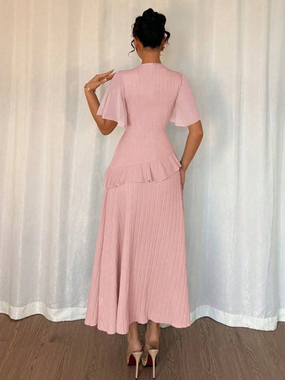 Elenzga New Women's Light Blue Summer Elegant Wedding Guest Textured Woven Fabric Round Neck Chiffon Splice Ruffle Sleeve Waist Cinched Dress