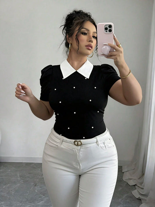 Elenzga Plus Size Vintage French Style Pearl Decor Puff Sleeve Fitted Cropped T-Shirt, Summer