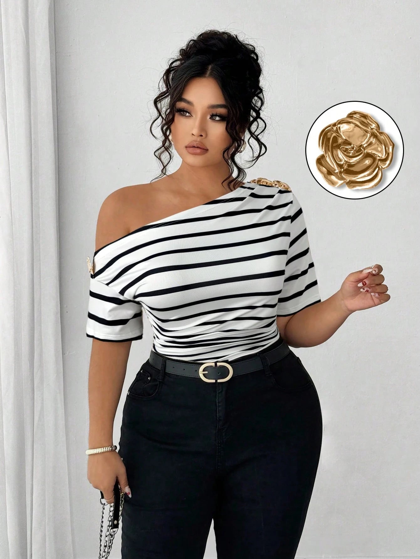 Elenzga Plus Size Women Elegant Versatile Personalized Fashion Casual Commute Cold Shoulder Top