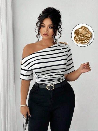Elenzga Plus Size Women Elegant Versatile Personalized Fashion Casual Commute Cold Shoulder Top