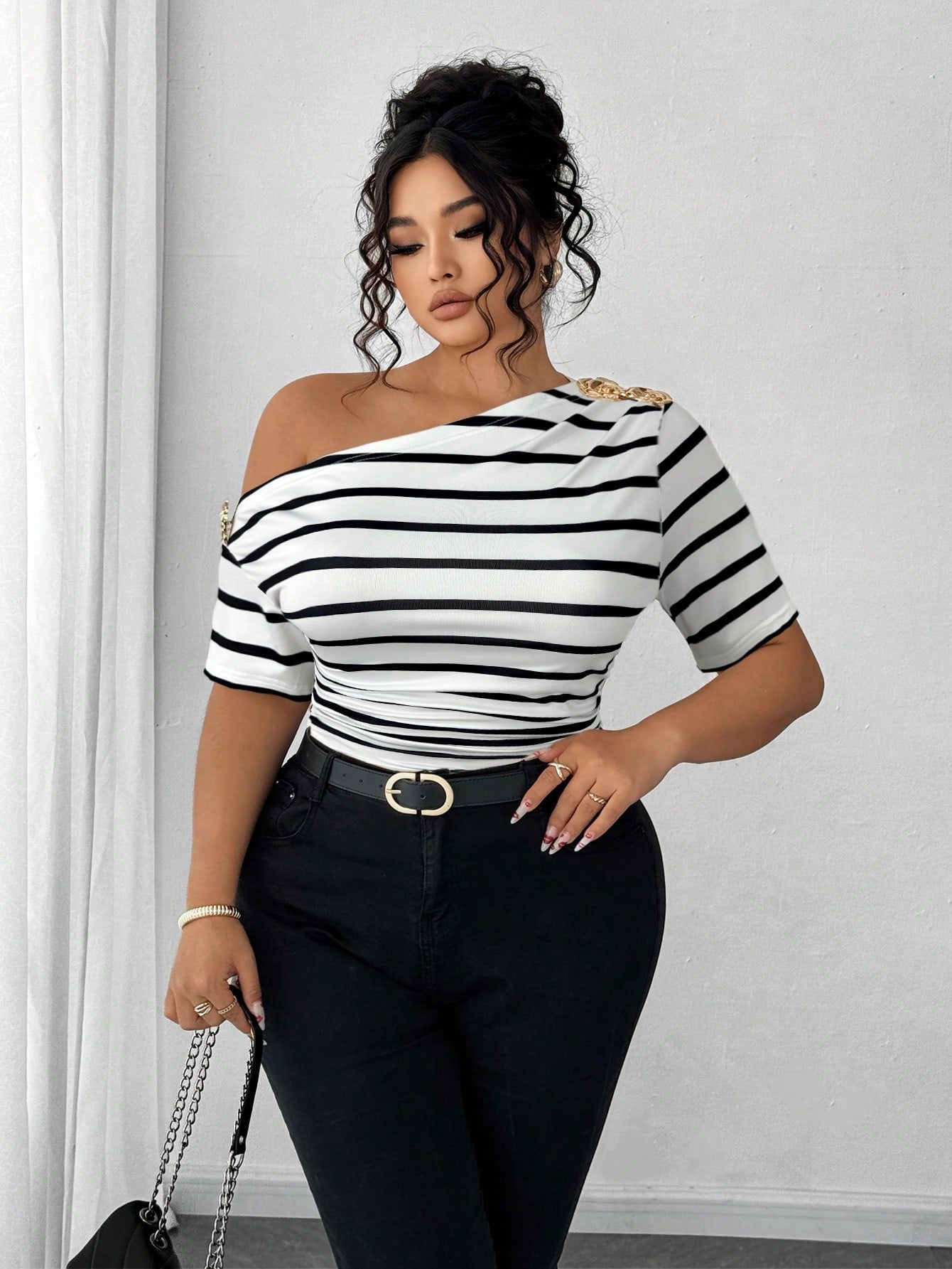 Elenzga Plus Size Women Elegant Versatile Personalized Fashion Casual Commute Cold Shoulder Top