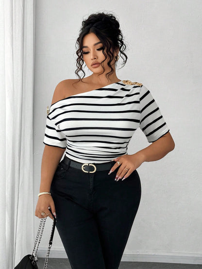 Elenzga Plus Size Women Elegant Versatile Personalized Fashion Casual Commute Cold Shoulder Top