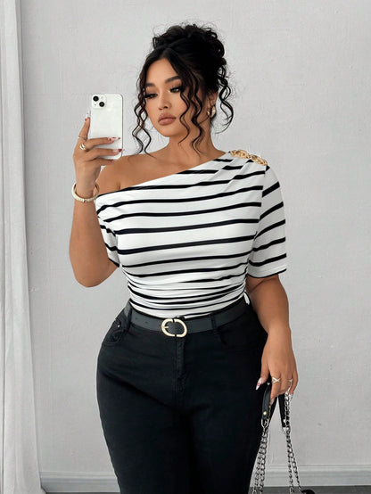 Elenzga Plus Size Women Elegant Versatile Personalized Fashion Casual Commute Cold Shoulder Top