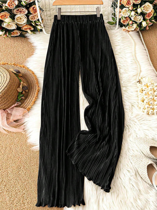 Elenzga Solid Plisse Wide Leg Pants,Ladies Spring/Fall Casual Pleated Natural Wide Leg Long Black Loose Women Pants,Casual Daily Wear