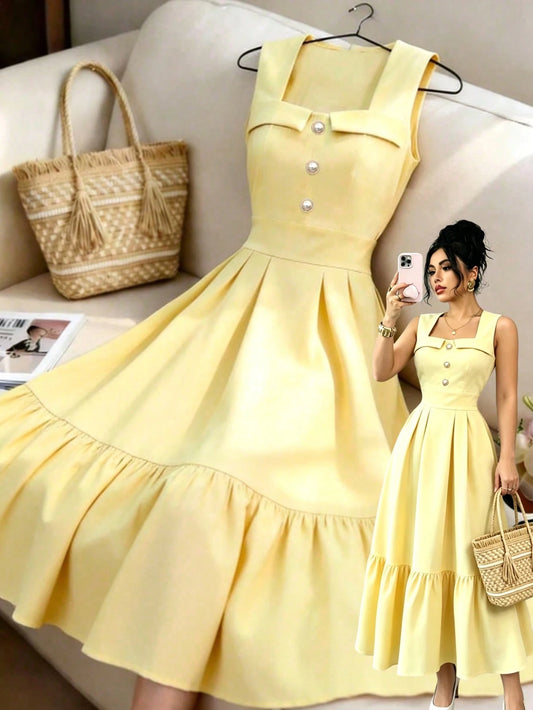 Elenzga Square Neck Woven Solid Color Gathered Waist Design Elegant 1960s Vintage 70s Women Mid-Length Dress Party Pale Yellow Summer