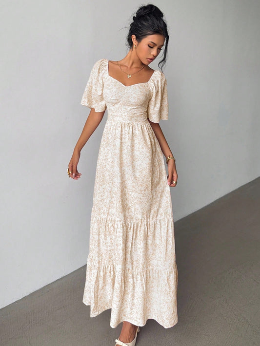 Elenzga Summer Short Sleeve Vacation Beach Music Festival Pink Floral Maxi Dress
