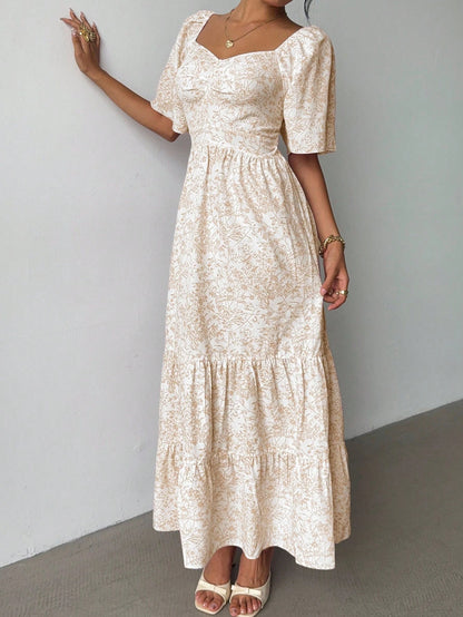 Elenzga Summer Short Sleeve Vacation Beach Music Festival Pink Floral Maxi Dress