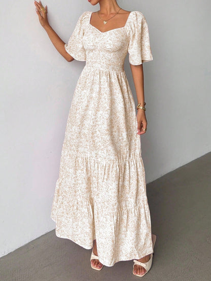Elenzga Summer Short Sleeve Vacation Beach Music Festival Pink Floral Maxi Dress